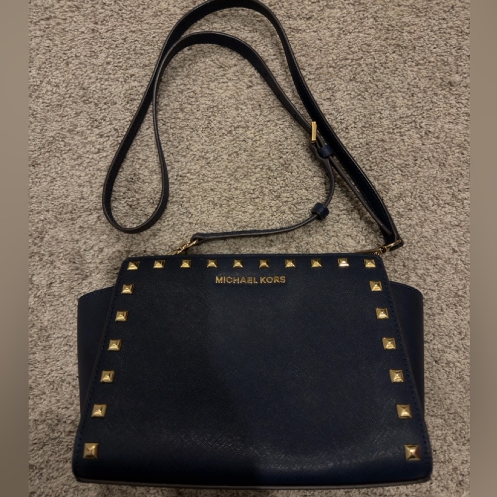 Michael Kors Navy Crossbody Bag with Gold Studs